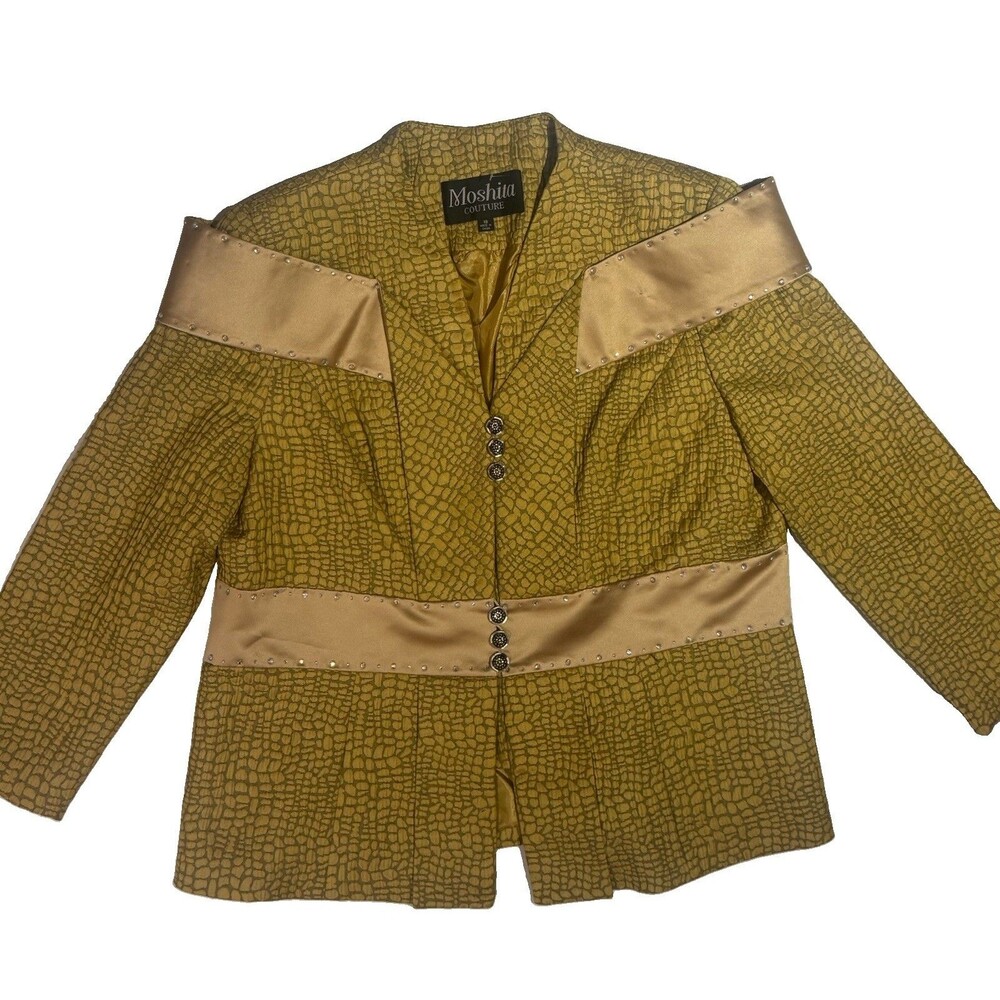 VTG Moshita Couture Metallic Gold Satin Jewel Trim Suit Jacket Blazer Women 18